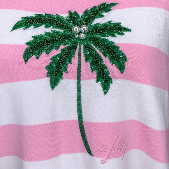 Lilly Pulitzer Ballad Pink and White Striped Sequin Palm Tree Crew Sweatshirt - Picture 6 of 9
